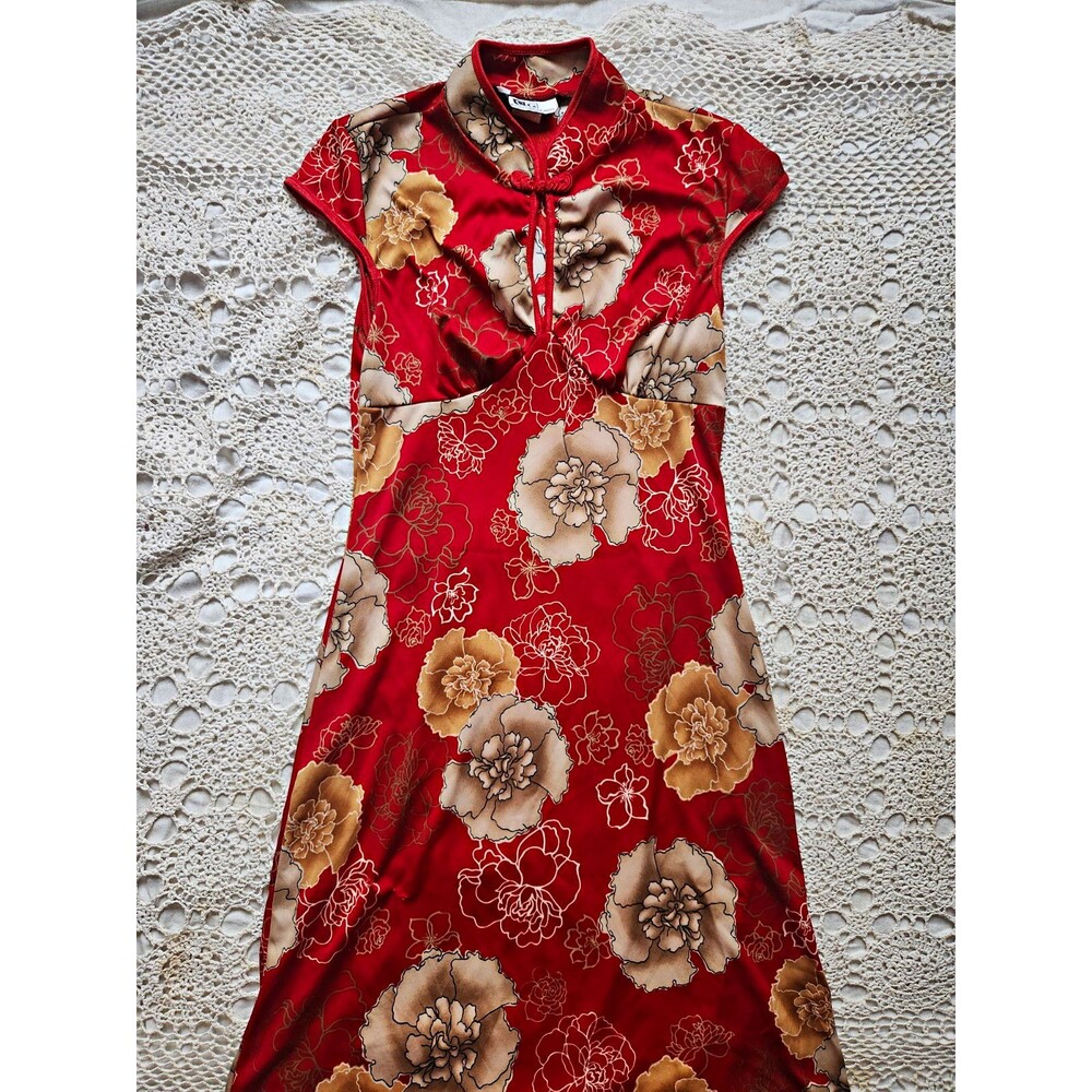 California Grown Red Floral Satin Cheong-sam Dress Mandarin Collar
